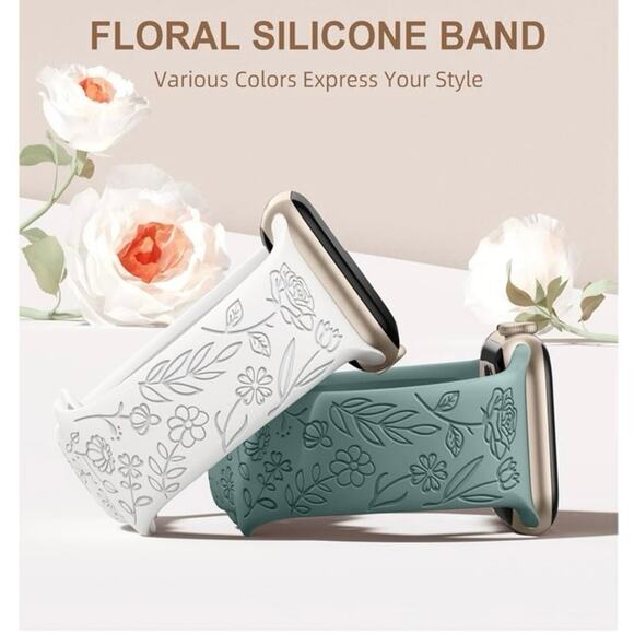 Unbranded Apple‎ iWatch 9/8/7 SE Engraved Rose Floral 34mm Silicone Watch Band - Picture 7 of 8